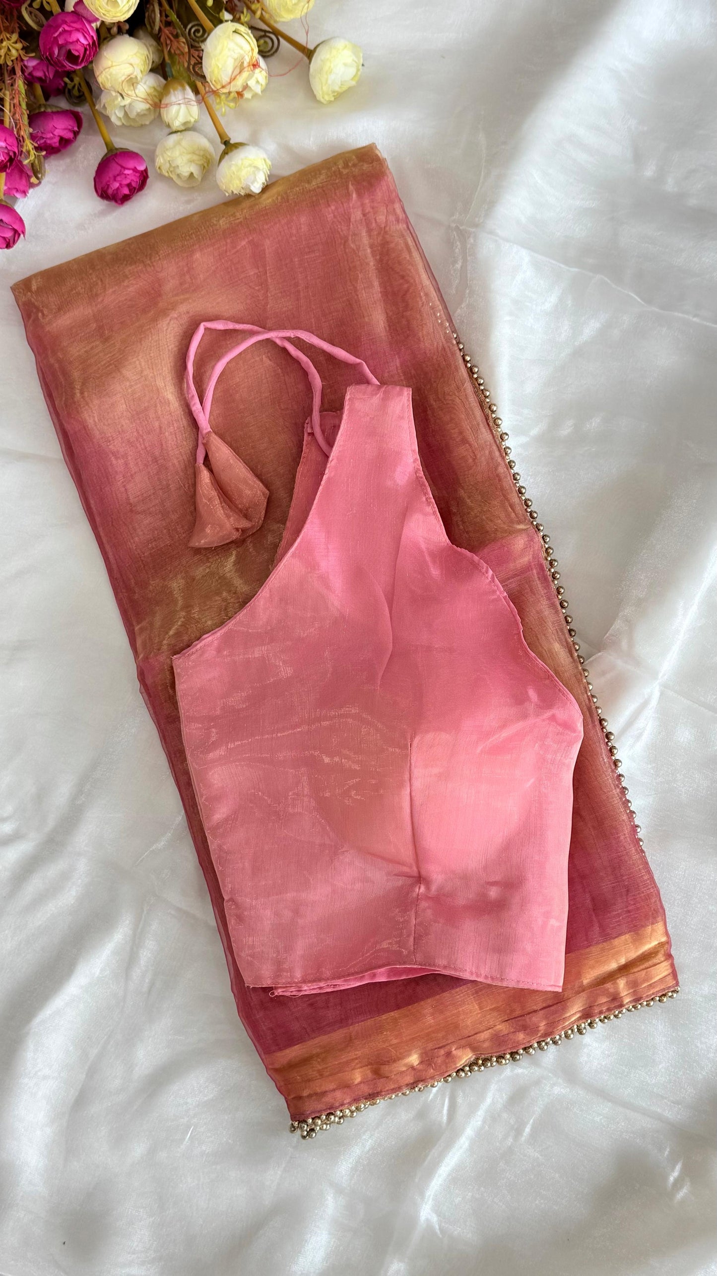 Designer Glass Saree| Sleeveless Stitched Blouse | Free Size Blouse
