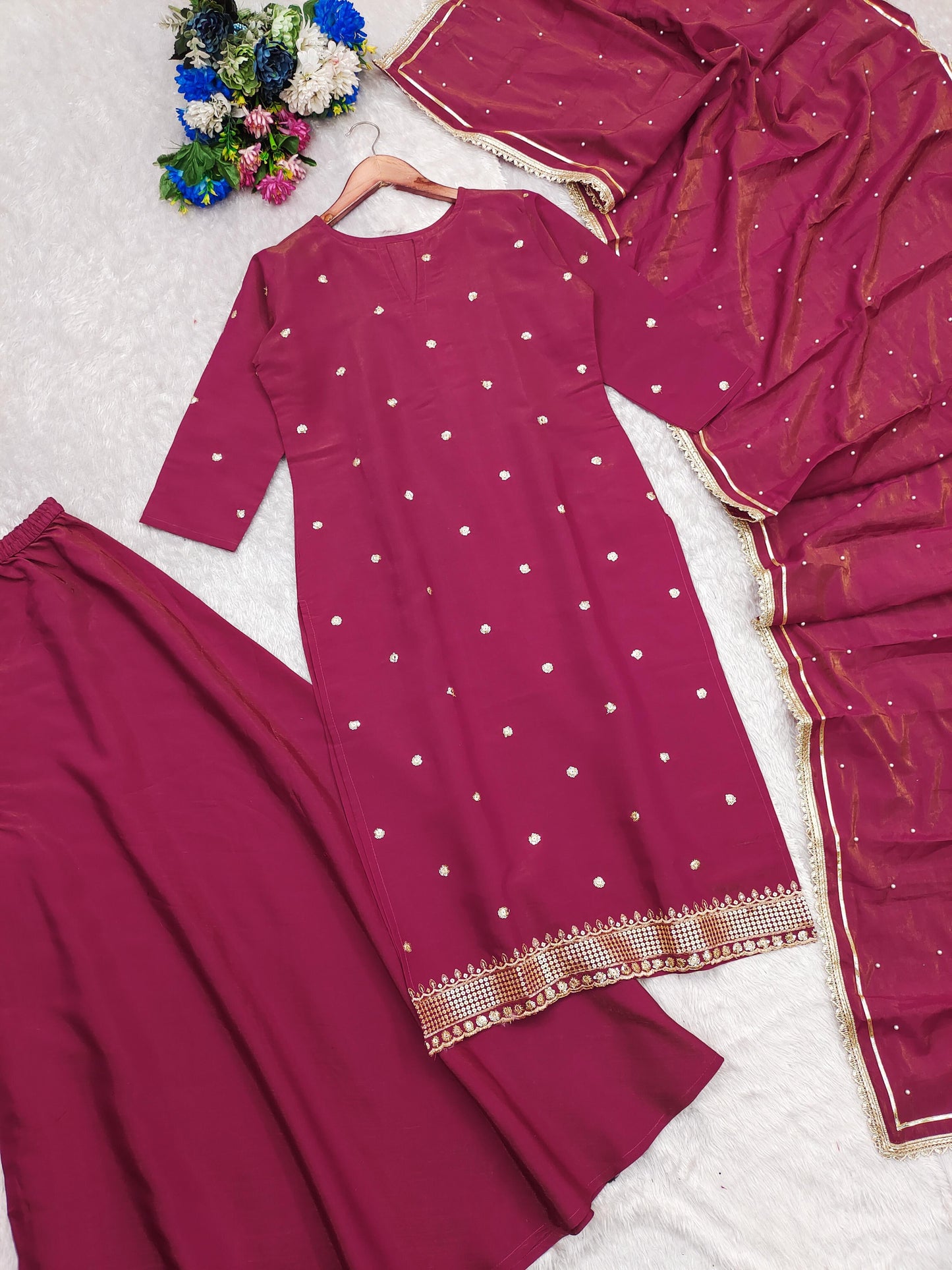 Designer party Wear Plazzo Set | 3Pcs Set | Embroidered shimmer fabric