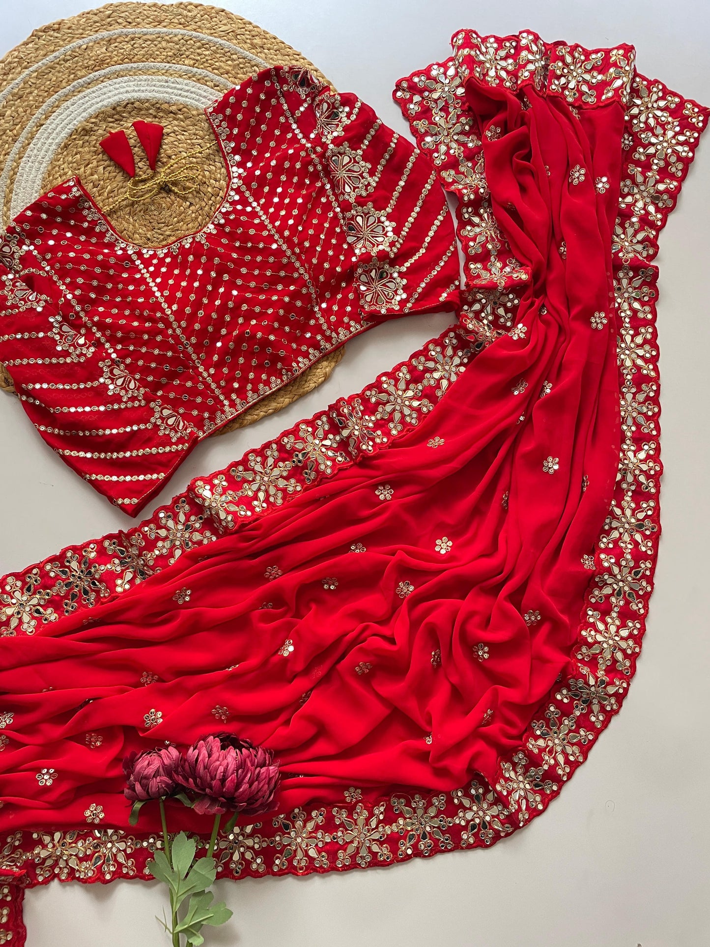 New Designer Mirror Work Saree| Stitched Blouse | Georgette Saree