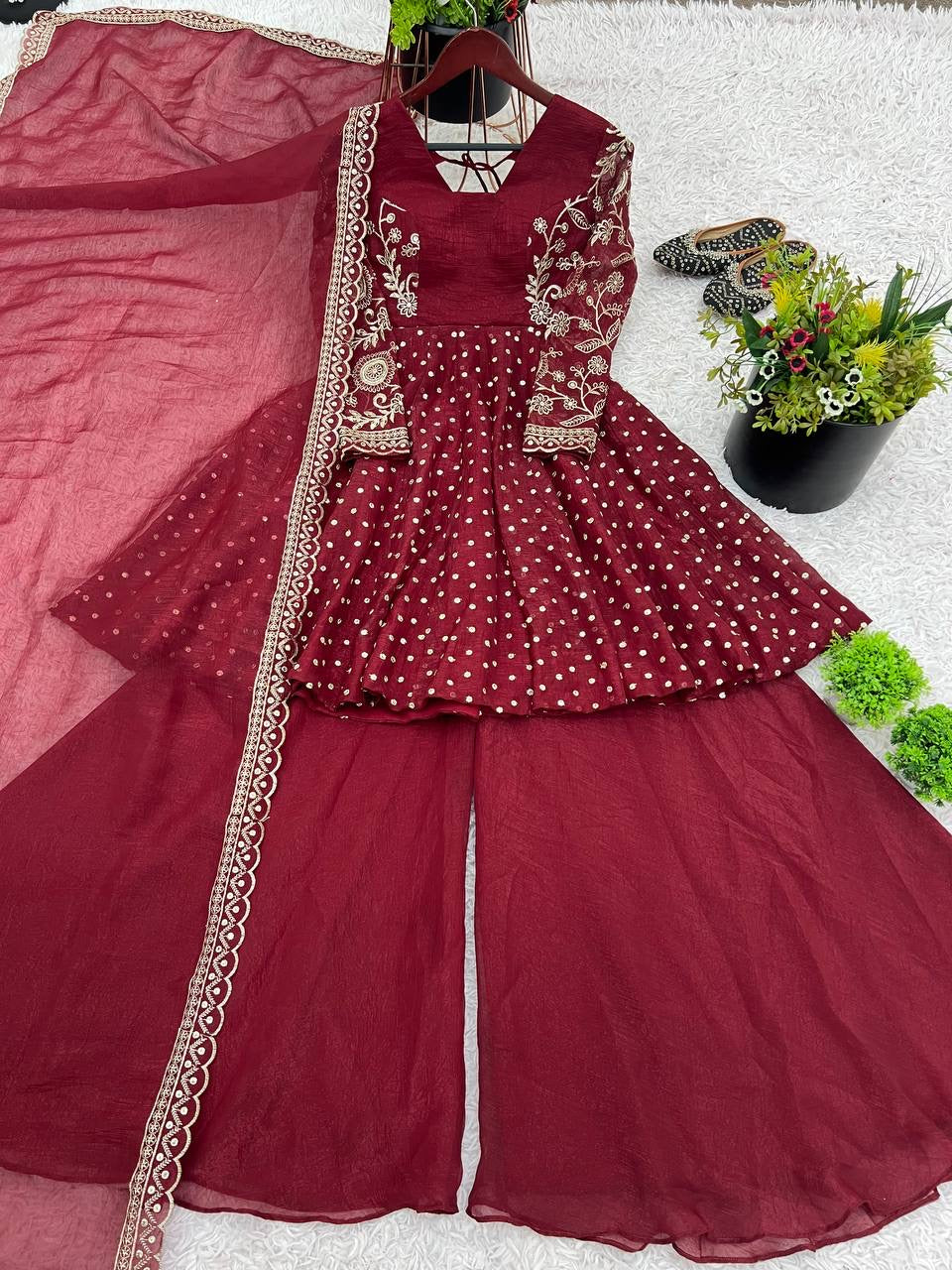 Maroon Color Embroidery plazo set | 3 PCs sets |
