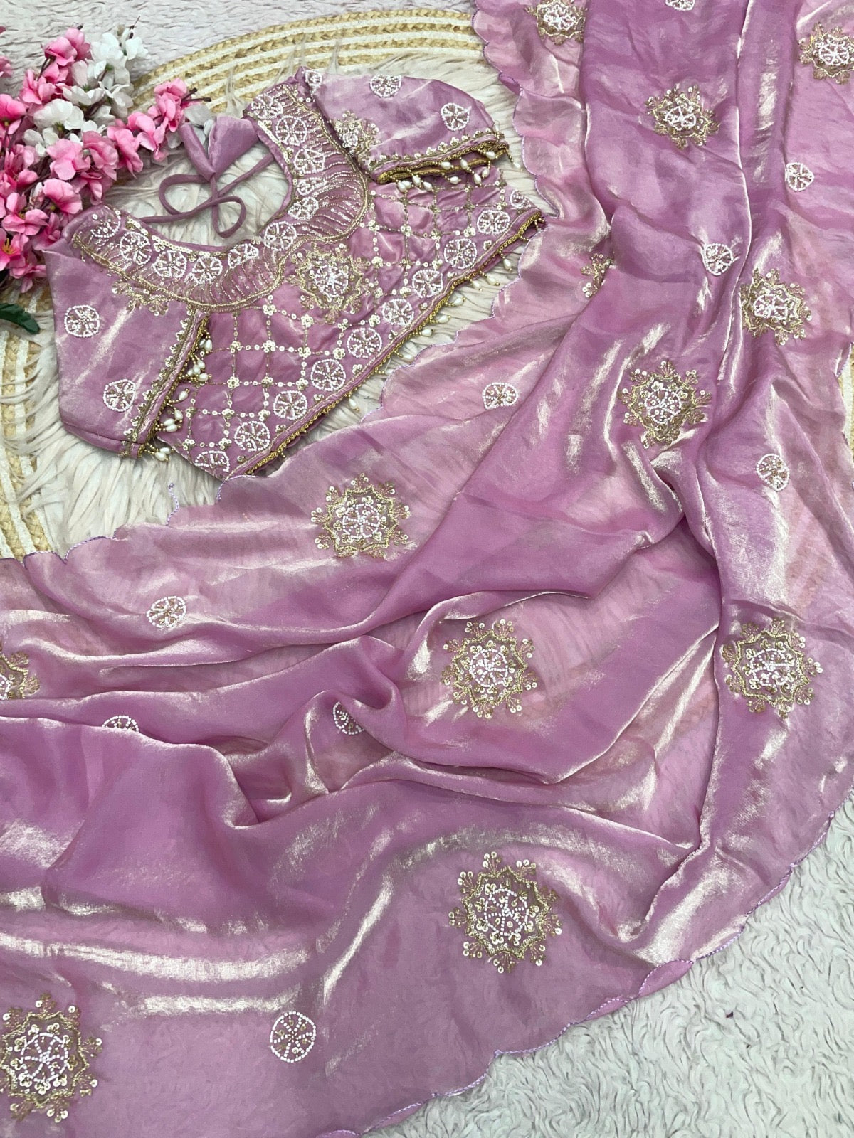 Designer pure Sattin silk Saree | Stitched Blouse