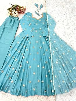 Beautiful Sky Blue Embroidery Anarkali Suit|| 3Pcs Sets ||