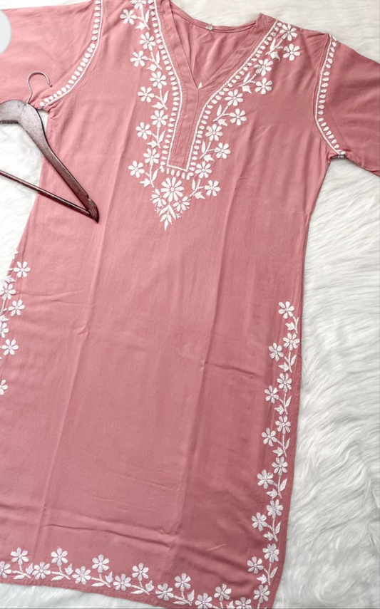 Women's Premium Soft Rayon V- Neck Straight Fit Lucknowi Chikankari Kurti |