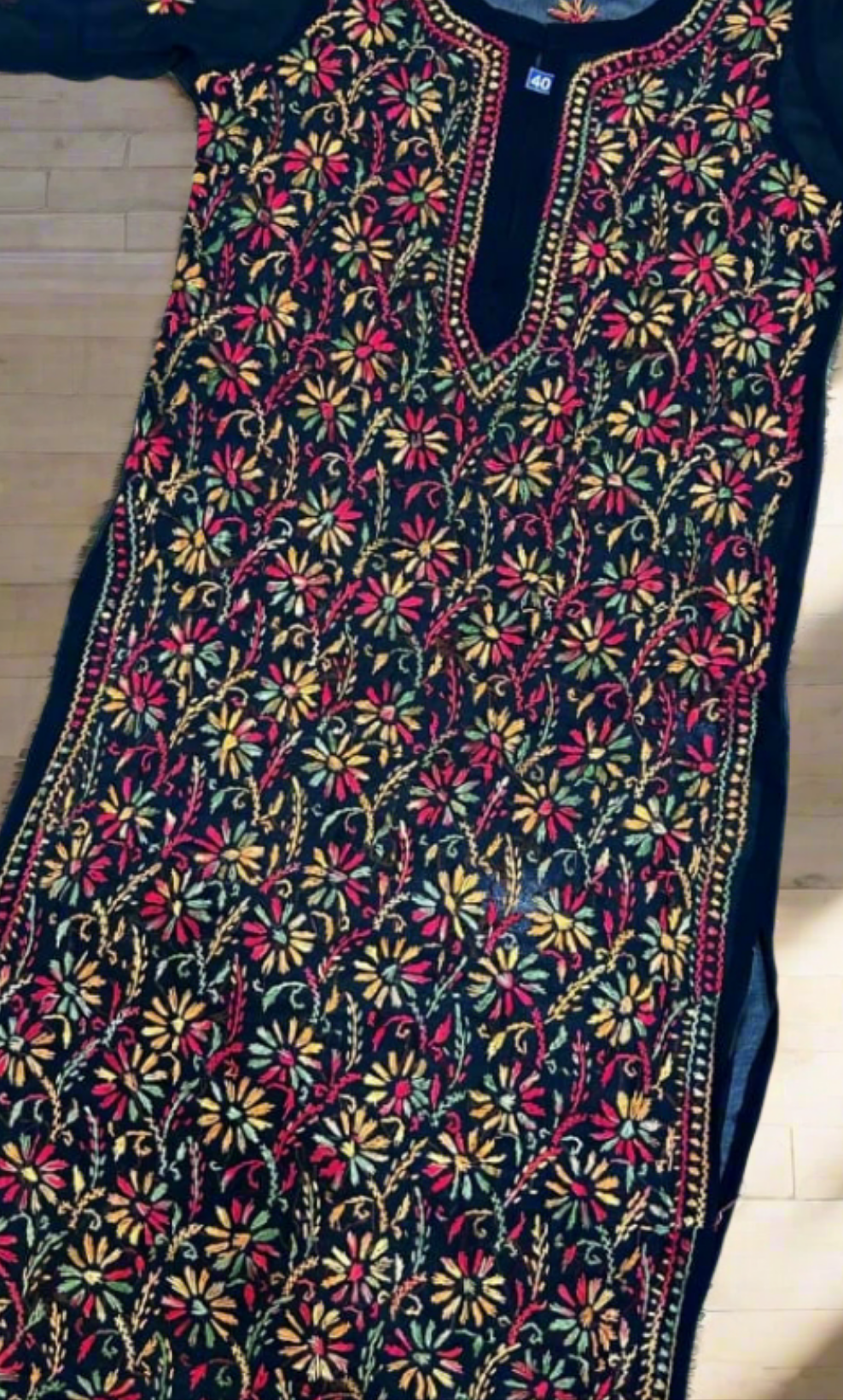 Lucknow Chikankari black kurta with multicolor chikan work with inner