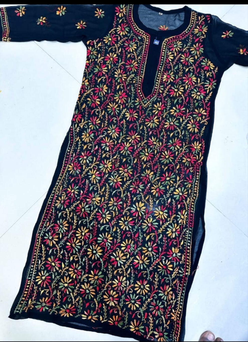Lucknow Chikankari black kurta with multicolor chikan work with inner
