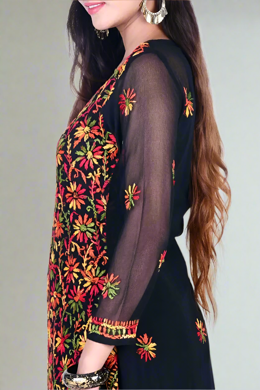 Lucknow Chikankari black kurta with multicolor chikan work with inner