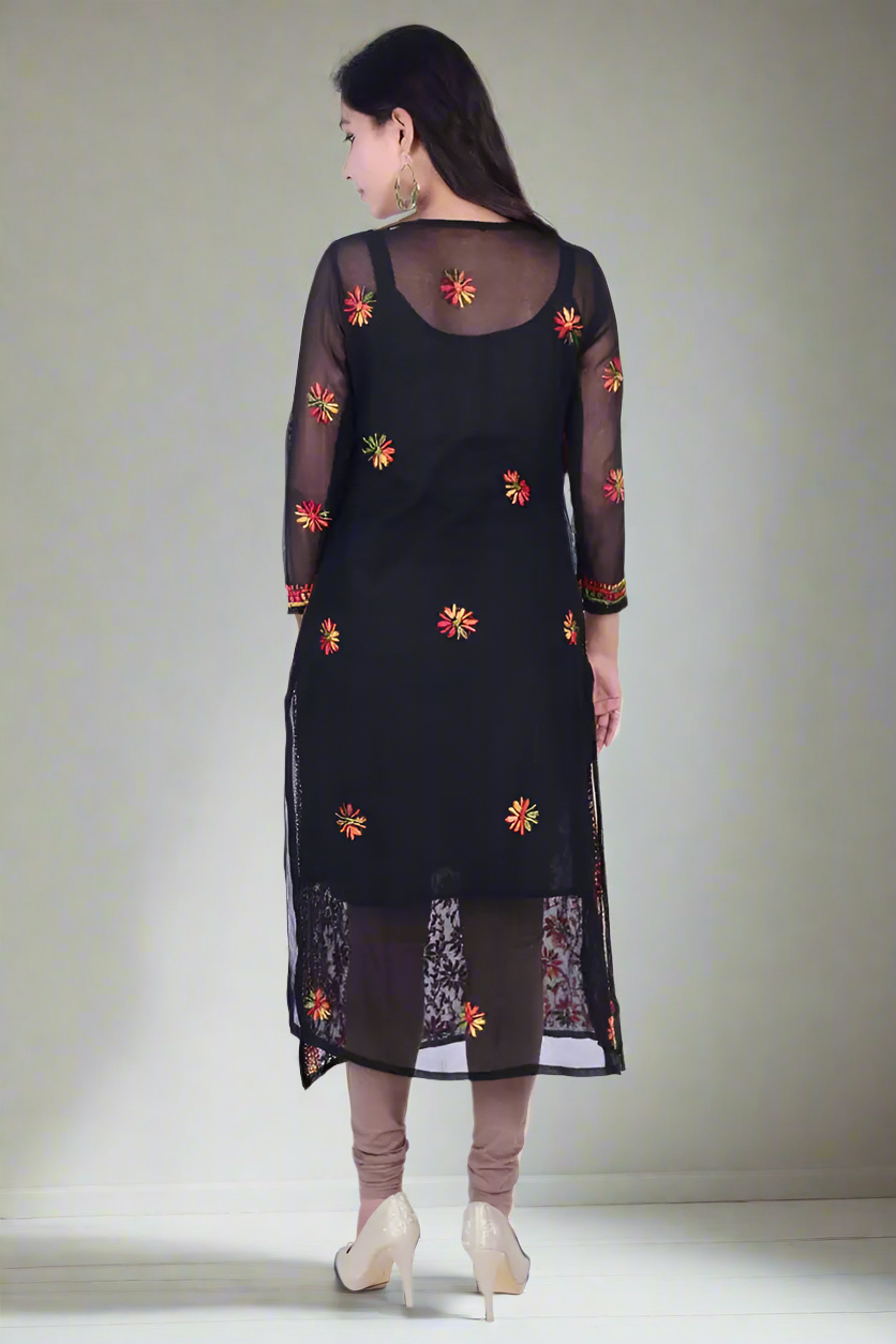 Lucknow Chikankari black kurta with multicolor chikan work with inner