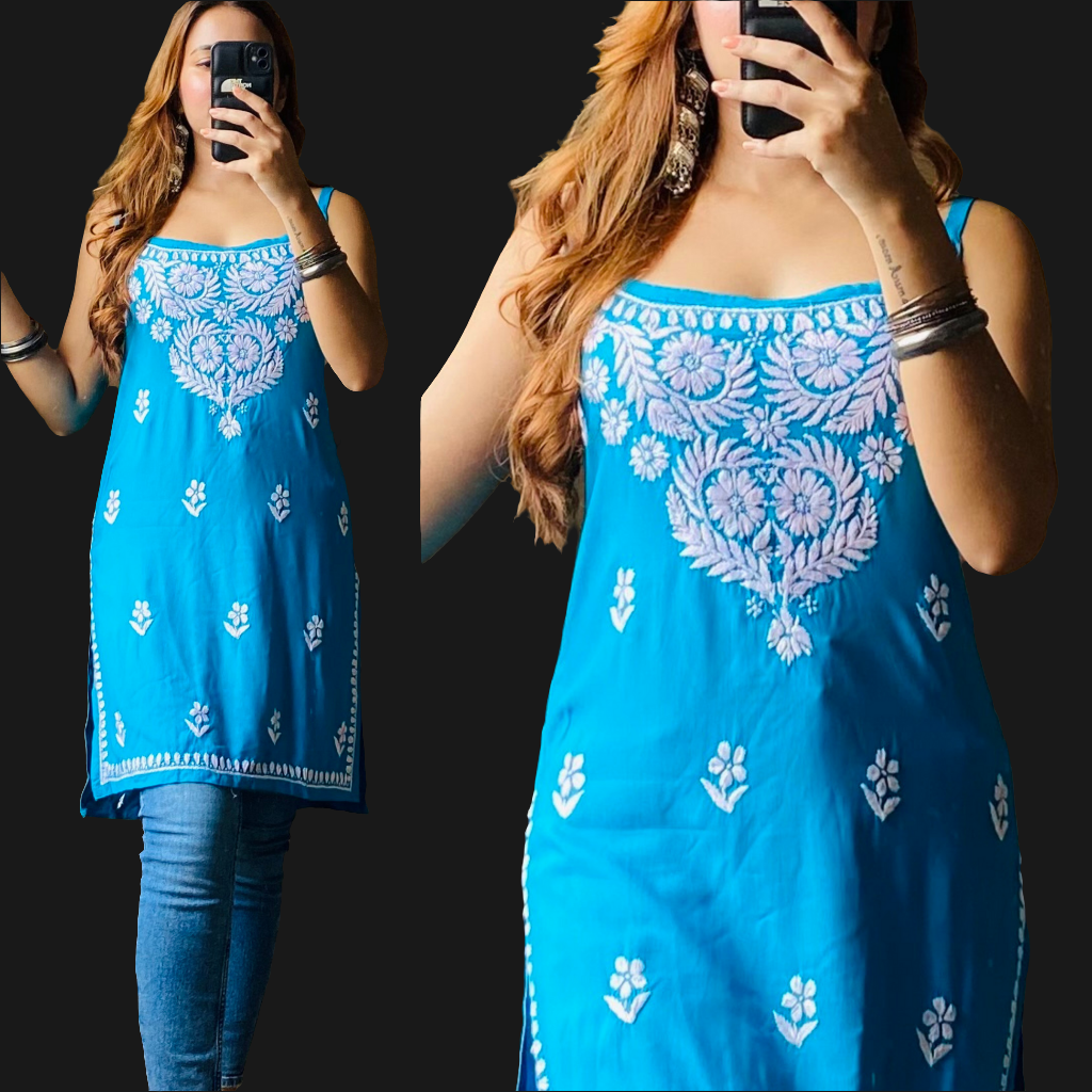 Sleeveless kurti|| Hand Embroidery |Noodle straps