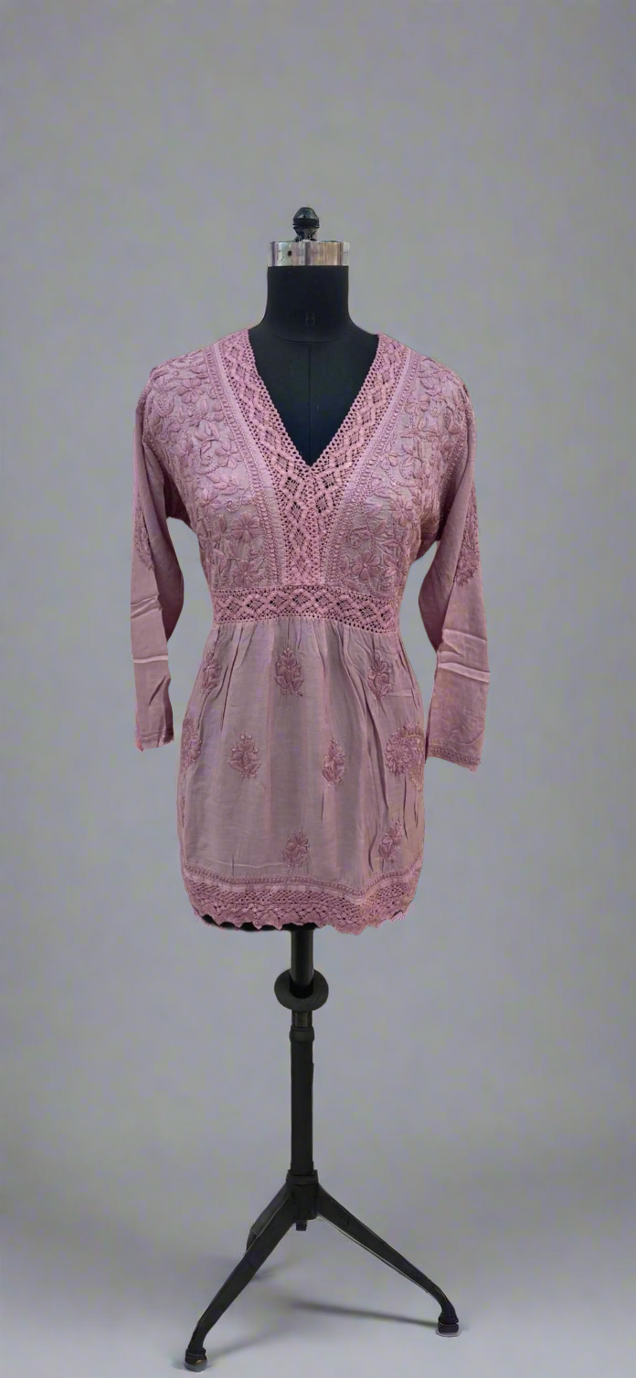 Rayon short dress/kurta with lace work.