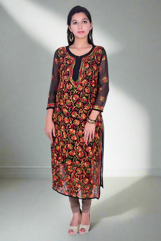 Lucknow Chikankari black kurta with multicolor chikan work with inner