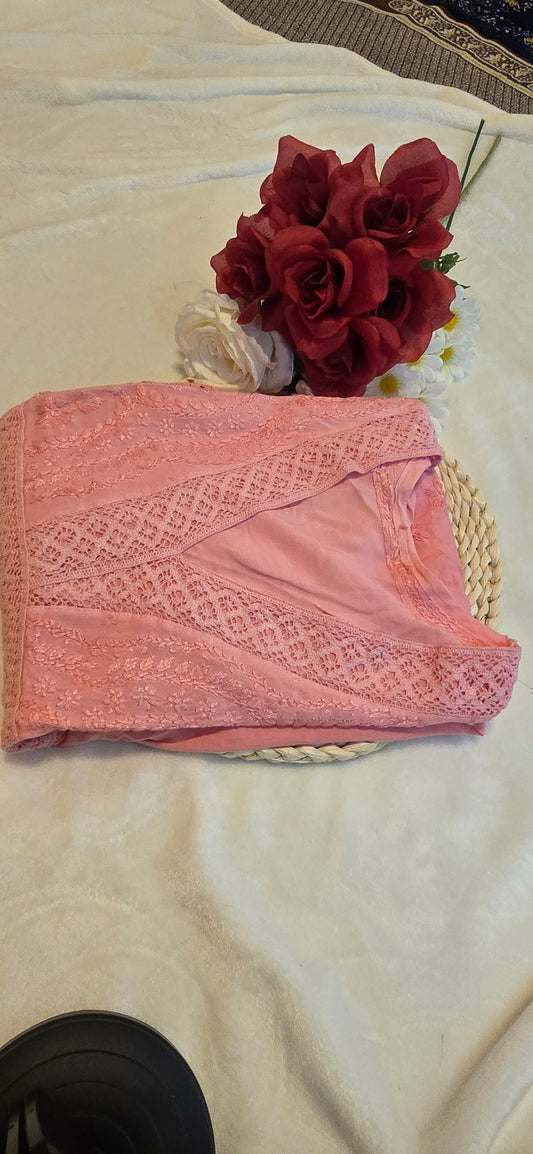 Rayon short dress/kurta with lace work.