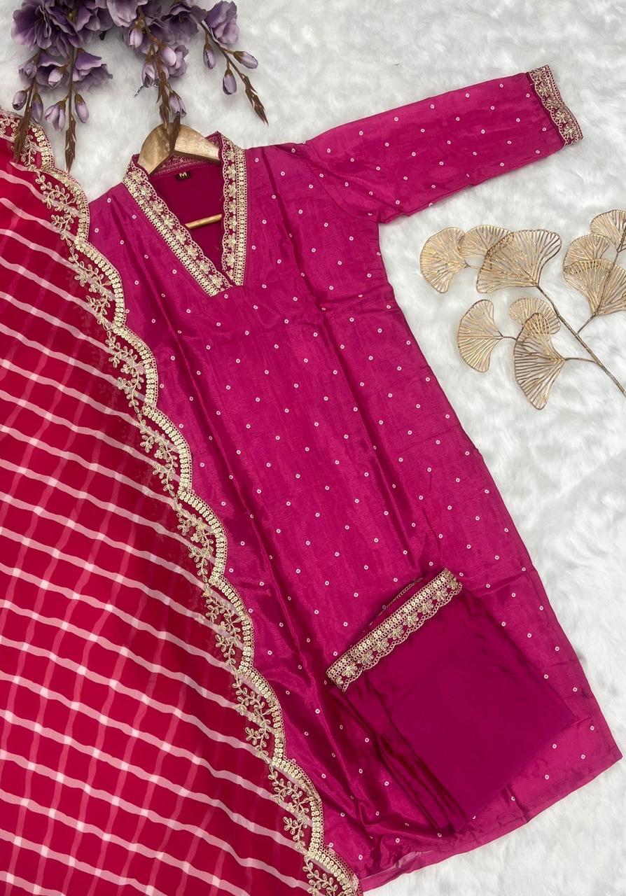 Bandhani Printed Regular Sequinned Kurta with Trousers||