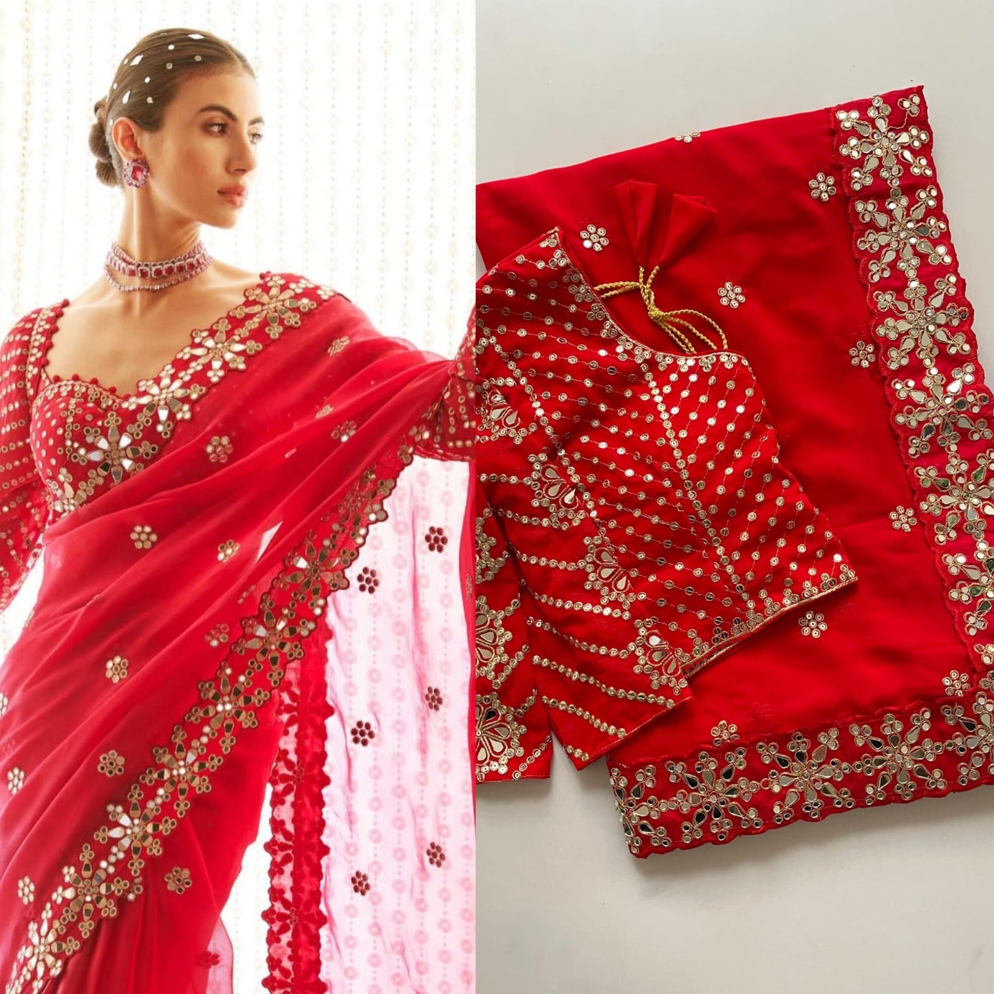 New Designer Mirror Work Saree| Stitched Blouse | Georgette Saree