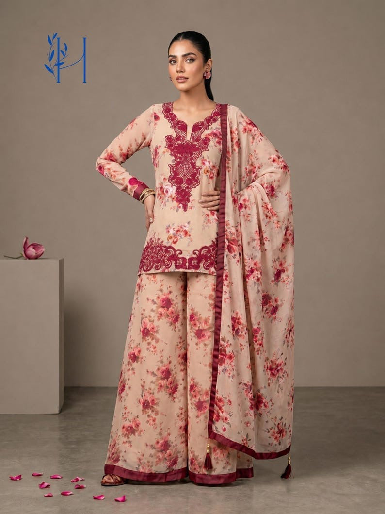 Elegant Design plazo Set || Embroidery Georgette 3Pcs Set||
