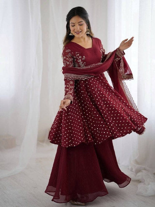 Maroon Color Embroidery plazo set | 3 PCs sets |