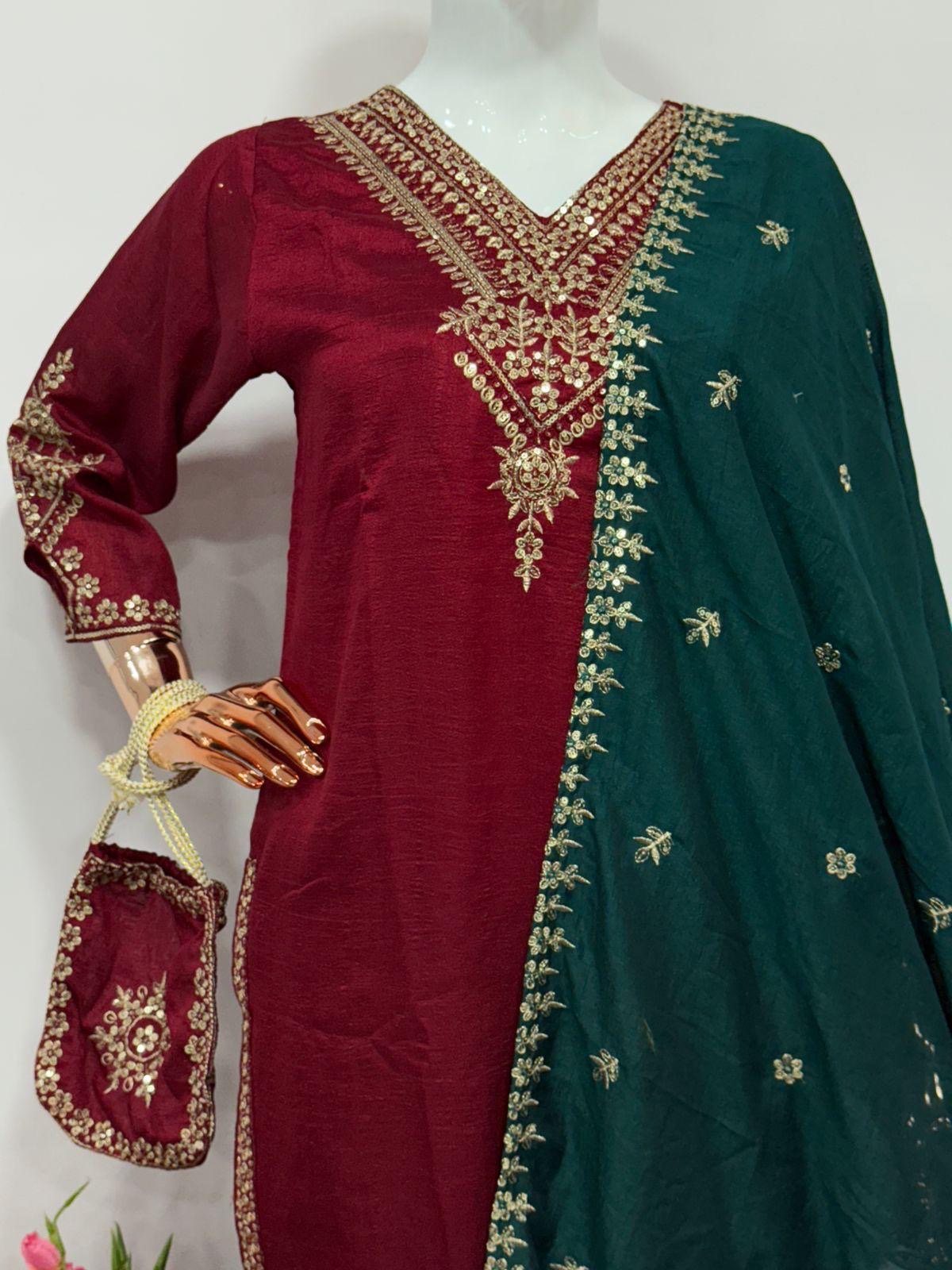 Elegant Designer Silk Suit | 3Pcs set | Embroidery and Sequence Work|
