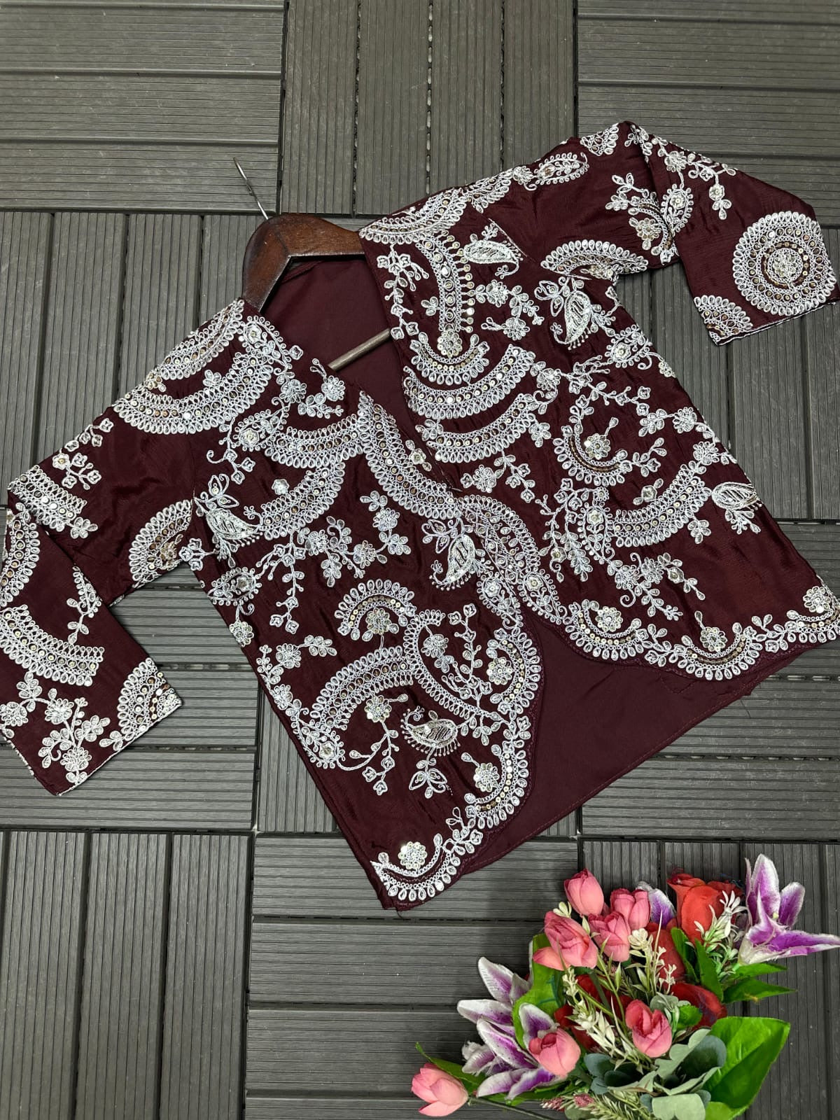 Designer saree | Stitched Blouse | Elegant Full work Blazer (koti Style)