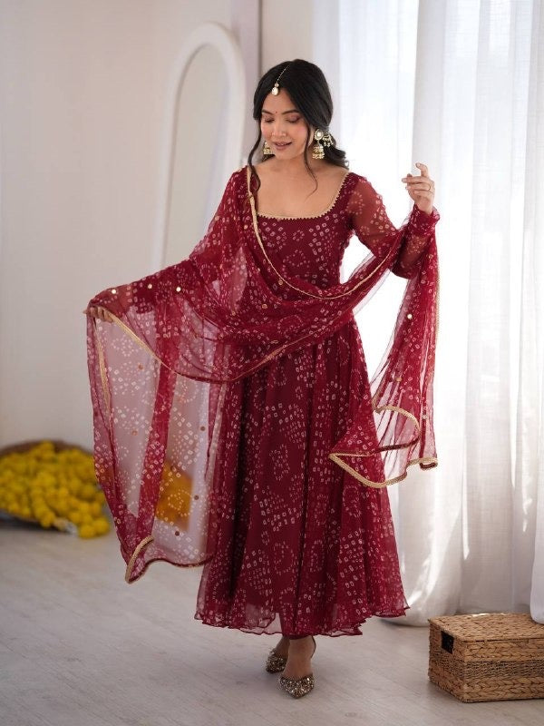 Maroon Bandhani Anarkali Suit Set with Dupatta, Ready to Wear Flared Georgette Kurta Pant, Indian Wedding Guest Dress, Ethnic Party Wear