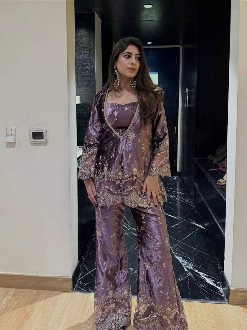 Beautiful Designer Shimmering Purple Silk Co-ord Set | Kurti & Flared Palazzo