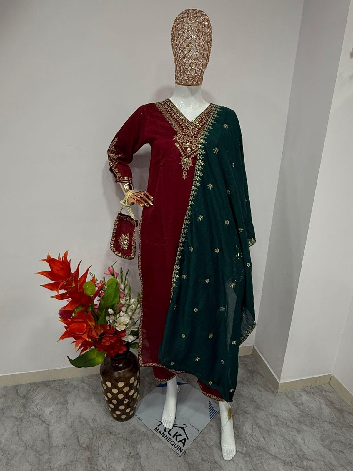 Elegant Designer Silk Suit | 3Pcs set | Embroidery and Sequence Work|
