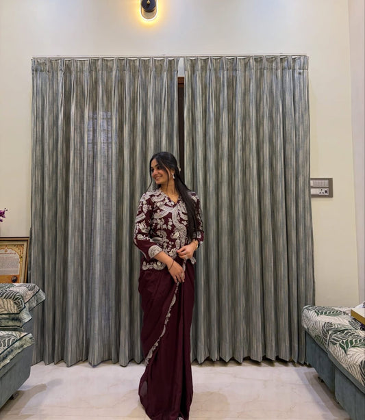 Designer saree | Stitched Blouse | Elegant Full work Blazer (koti Style)