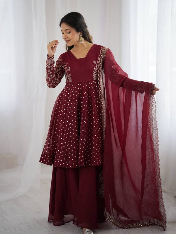 Maroon Color Embroidery plazo set | 3 PCs sets |