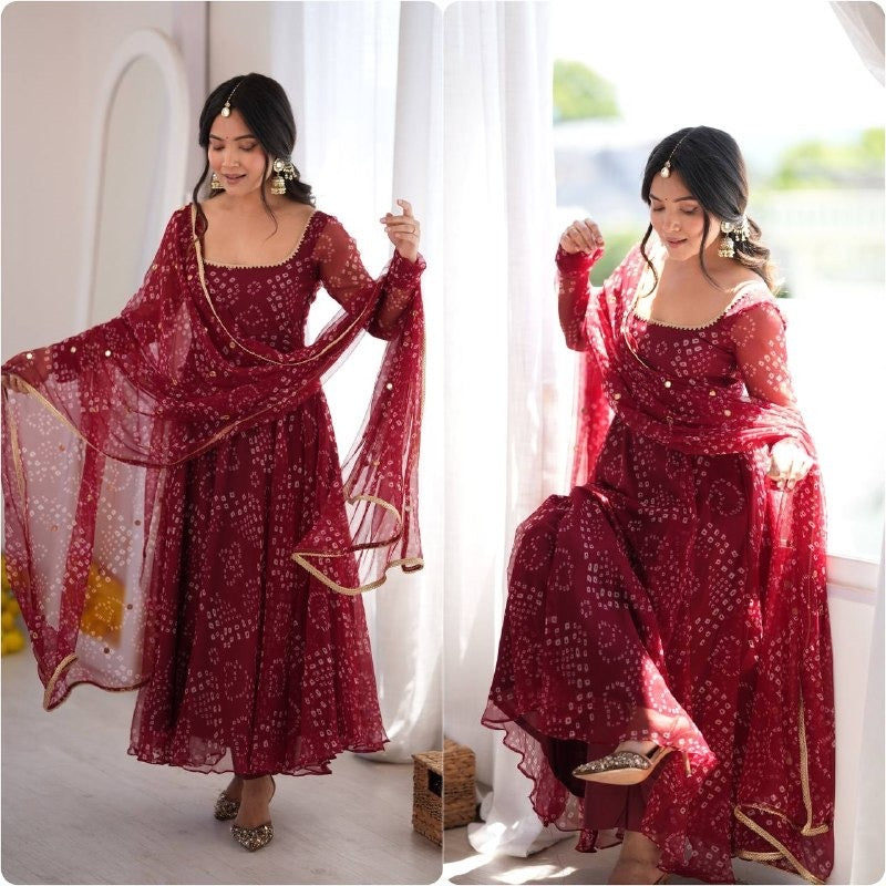 Maroon Bandhani Anarkali Suit Set with Dupatta, Ready to Wear Flared Georgette Kurta Pant, Indian Wedding Guest Dress, Ethnic Party Wear