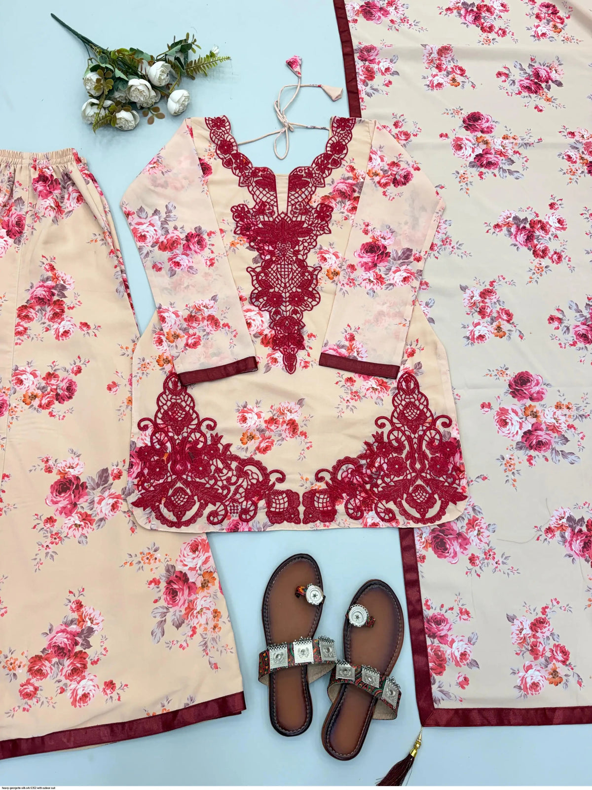 Elegant Design plazo Set || Embroidery Georgette 3Pcs Set||