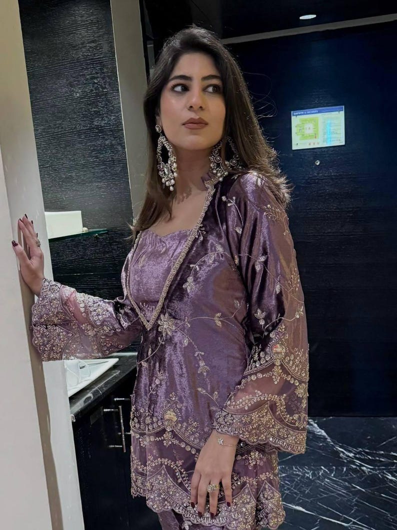 Beautiful Designer Shimmering Purple Silk Co-ord Set | Kurti & Flared Palazzo