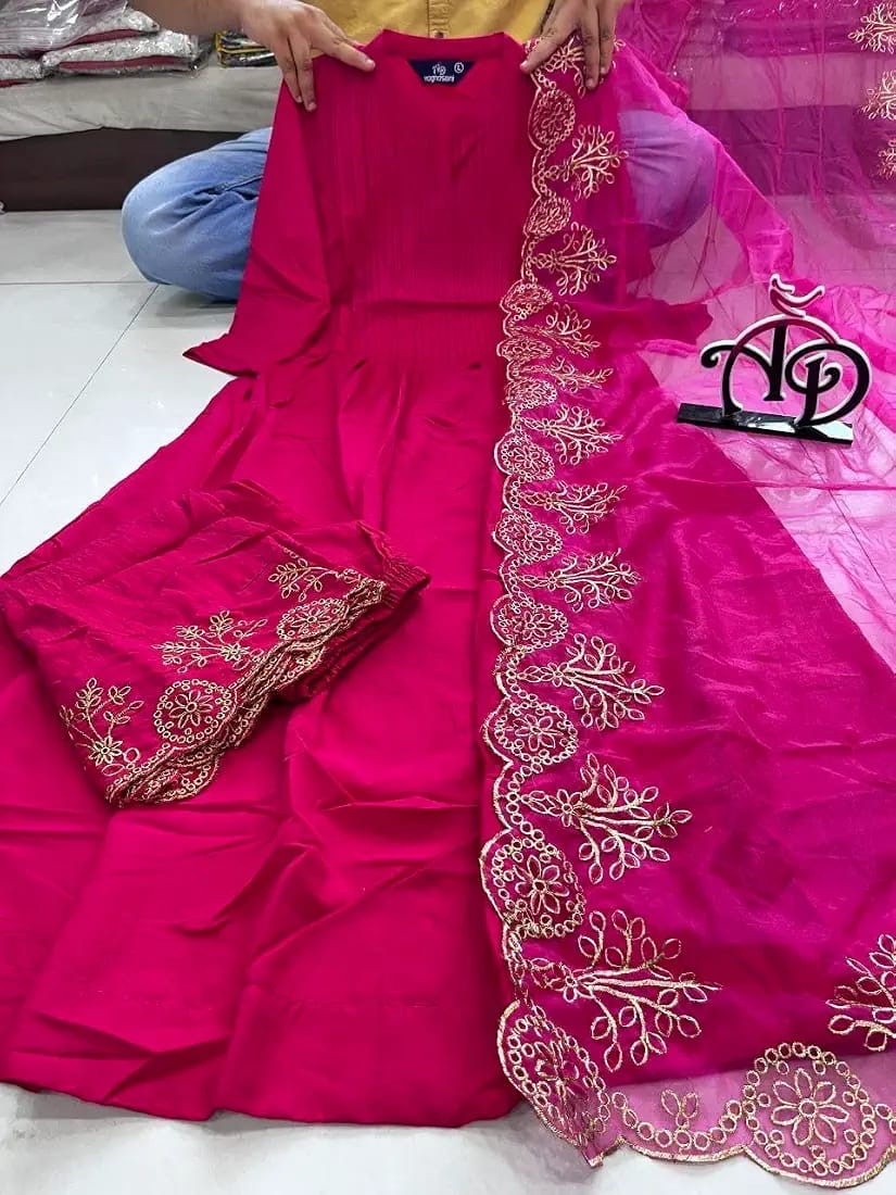Women’s Pure Cotton Silk Kurta Pant Set with Organza Dupatta | Embroidered Ethnic Suit Set | Daily Wear ||