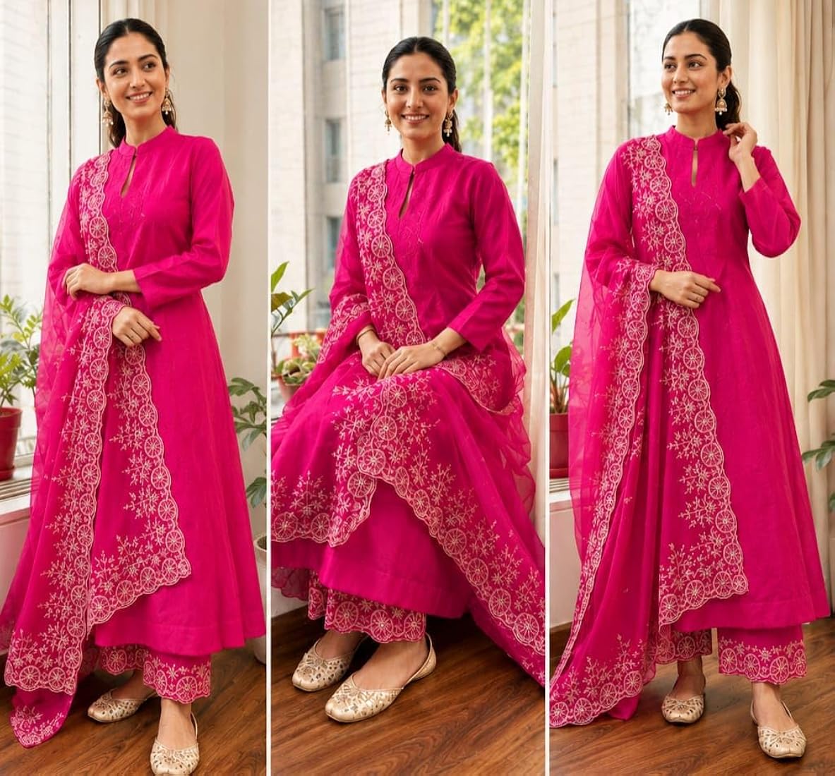 Women’s Pure Cotton Silk Kurta Pant Set with Organza Dupatta | Embroidered Ethnic Suit Set | Daily Wear ||