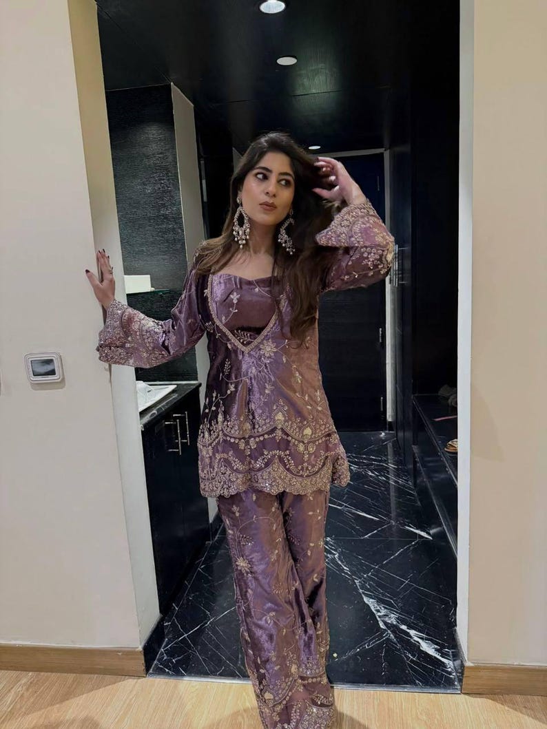 Beautiful Designer Shimmering Purple Silk Co-ord Set | Kurti & Flared Palazzo
