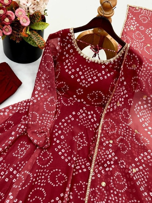 Maroon Bandhani Anarkali Suit Set with Dupatta, Ready to Wear Flared Georgette Kurta Pant, Indian Wedding Guest Dress, Ethnic Party Wear