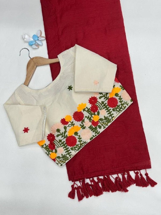 Elegant simple plain cotton silk saree with white Embroidery Stitched Blouse