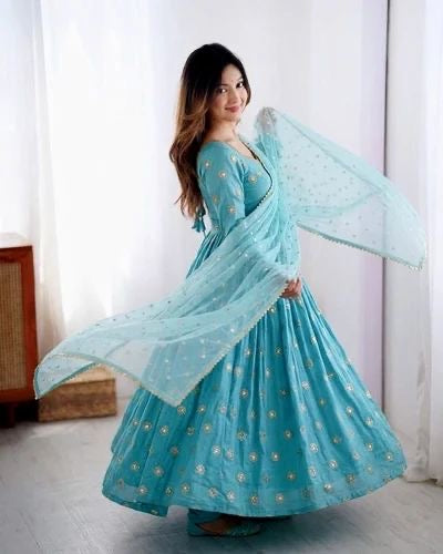 Beautiful Sky Blue Embroidery Anarkali Suit||  3Pcs Sets ||