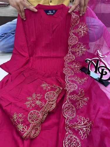 Women’s Pure Cotton Silk Kurta Pant Set with Organza Dupatta | Embroidered Ethnic Suit Set | Daily Wear ||