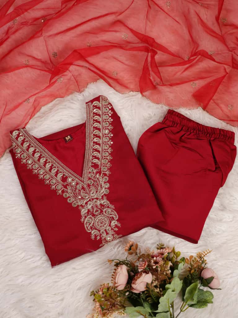 Elegant Traditional Designer Suit | 3Pcs Set | Organza dupatta | Embroidery Work |