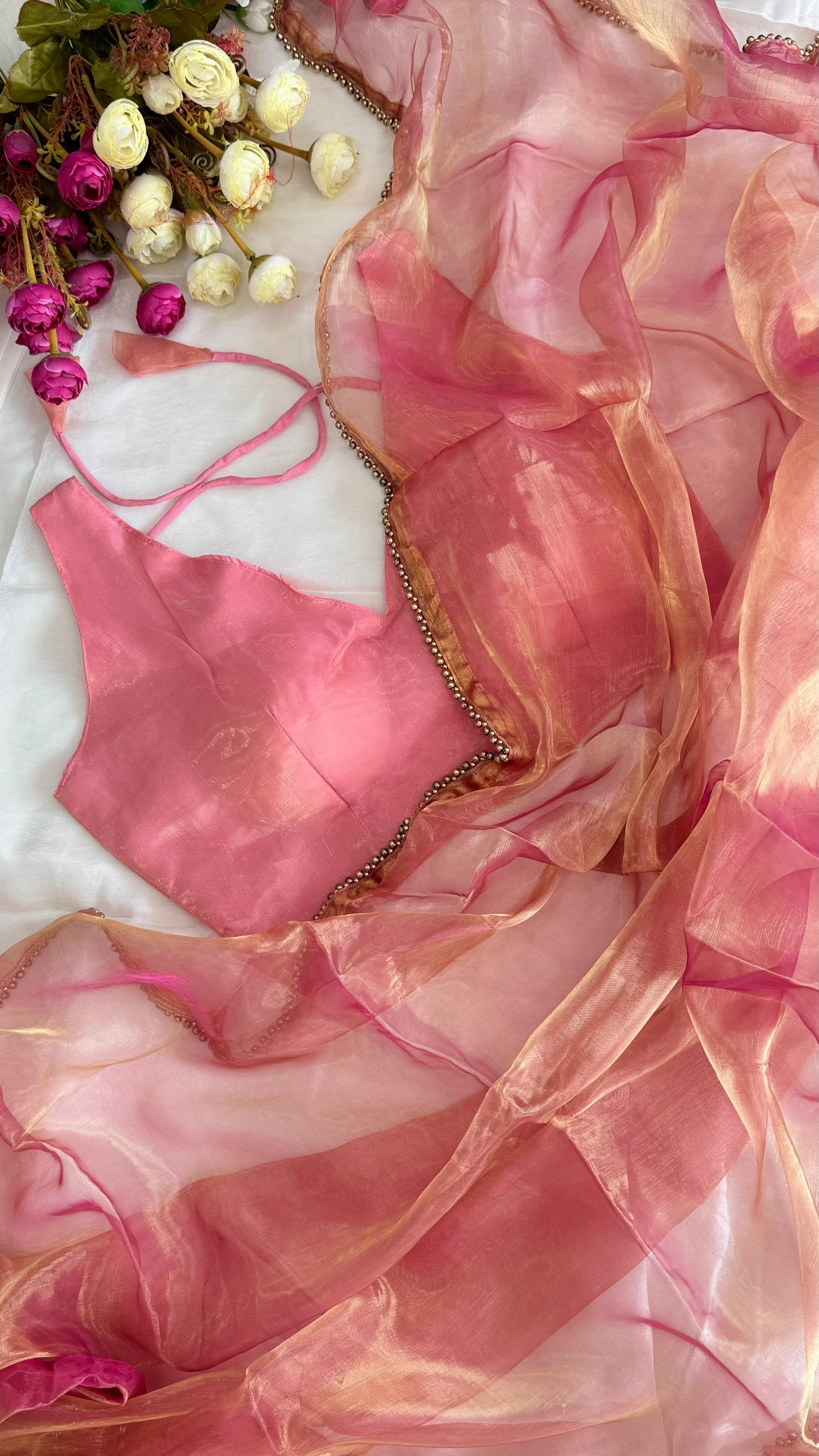 Designer Glass Saree| Sleeveless Stitched Blouse | Free Size Blouse