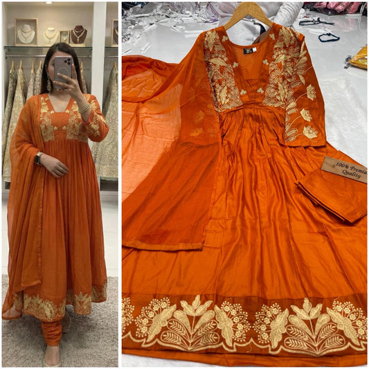 A Elegant Rayon cotton Fabric dress|| Gown/Anarkali Suit || 3Pcs Set ||