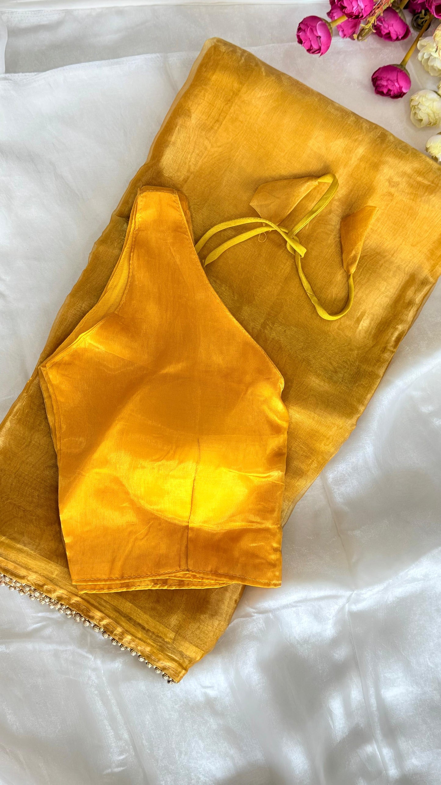 Designer Glass Saree| Sleeveless Stitched Blouse | Free Size Blouse