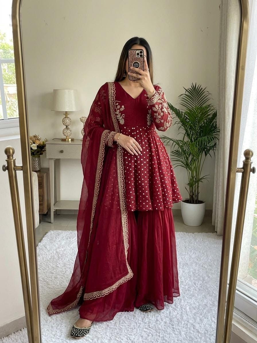 Maroon Color Embroidery plazo set | 3 PCs sets |