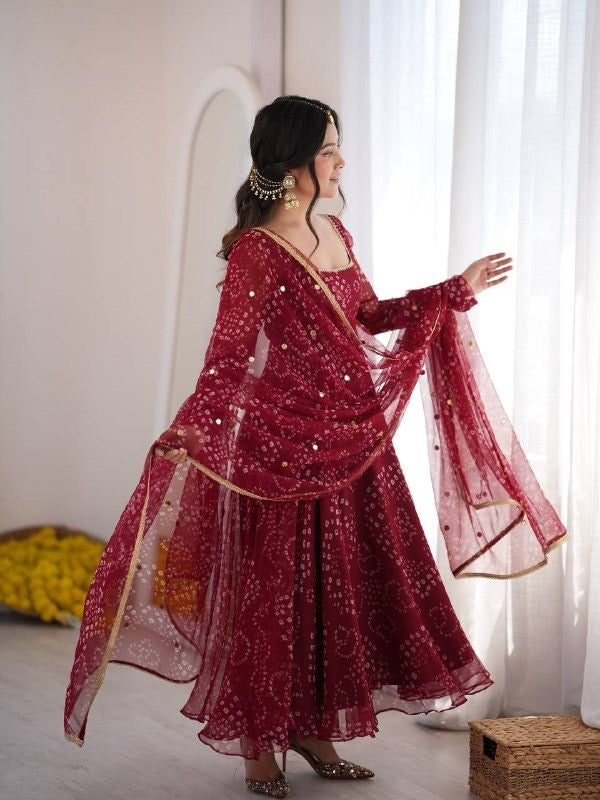 Maroon Bandhani Anarkali Suit Set with Dupatta, Ready to Wear Flared Georgette Kurta Pant, Indian Wedding Guest Dress, Ethnic Party Wear