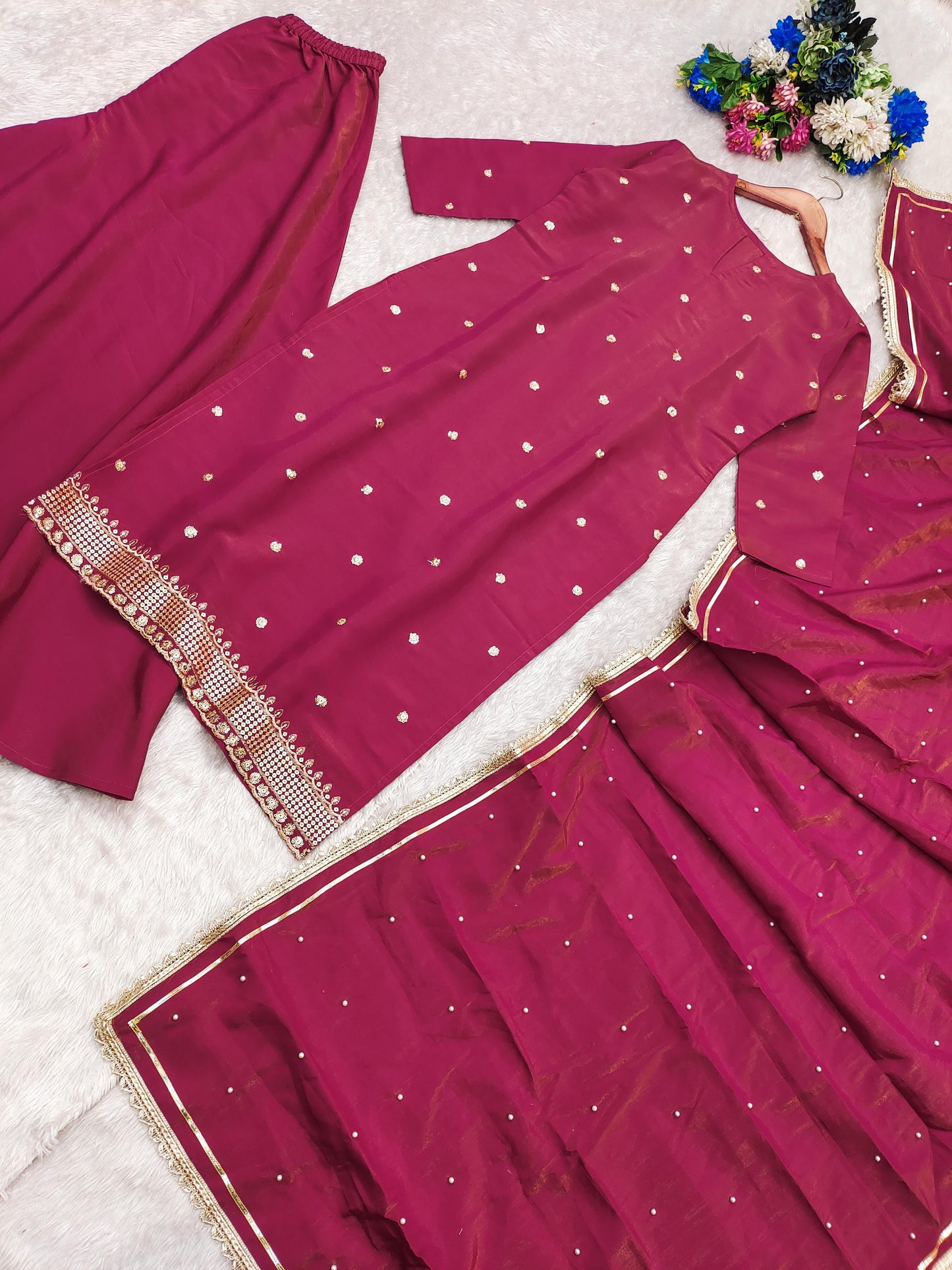 Designer party Wear Plazzo Set | 3Pcs Set | Embroidered shimmer fabric