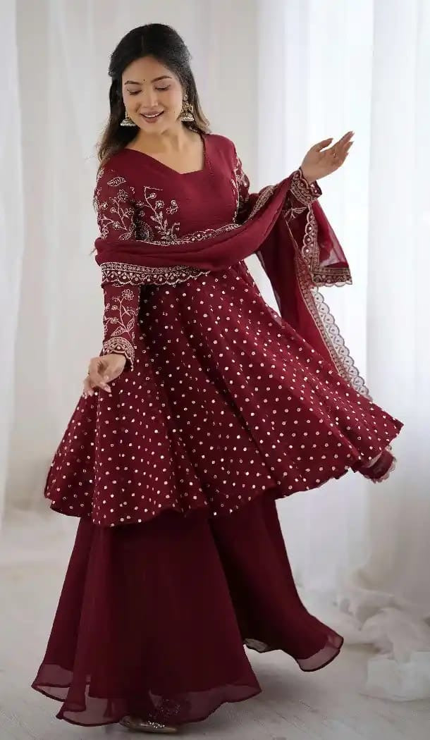 Maroon Color Embroidery plazo set | 3 PCs sets |