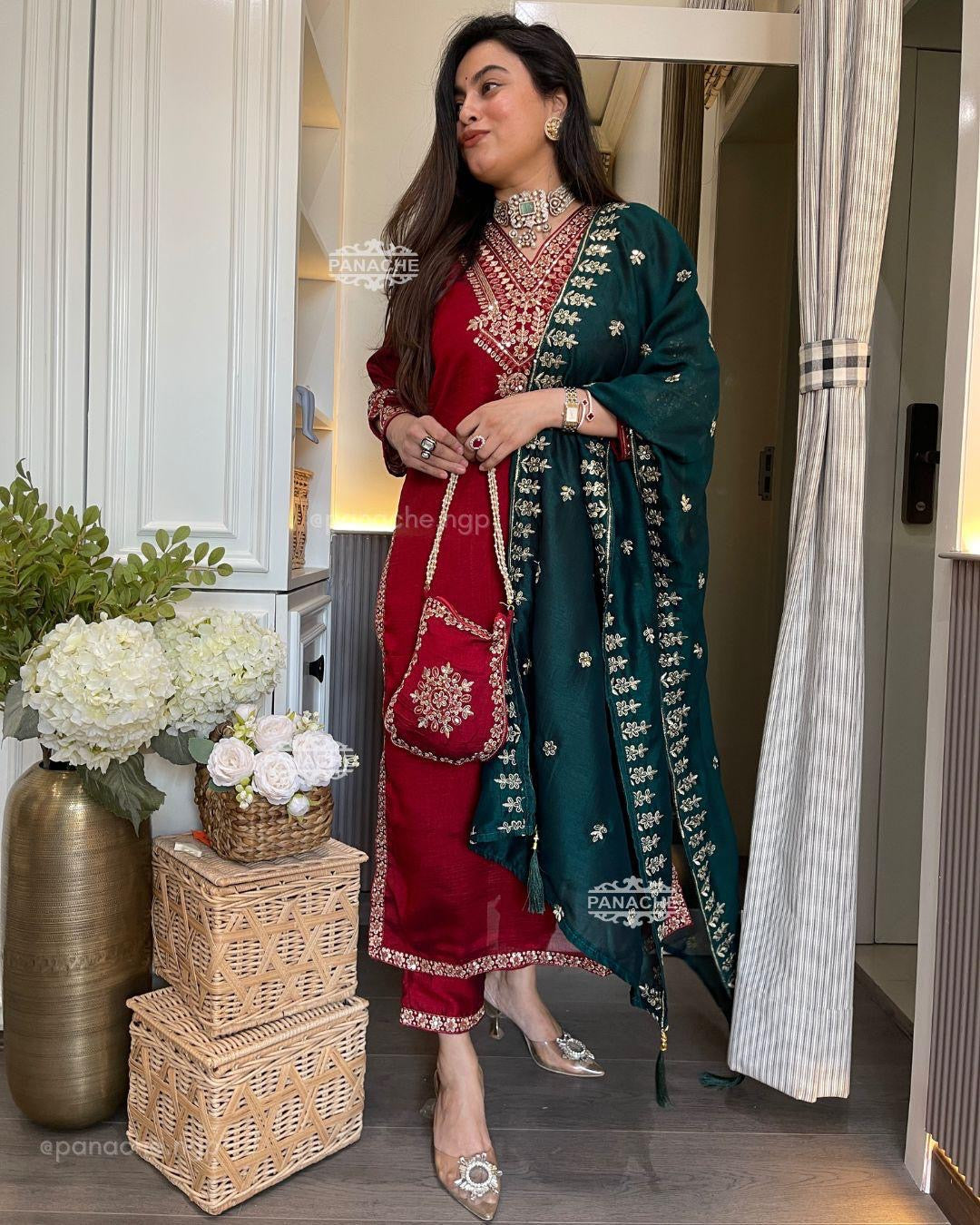 Elegant Designer Silk Suit | 3Pcs set | Embroidery and Sequence Work|