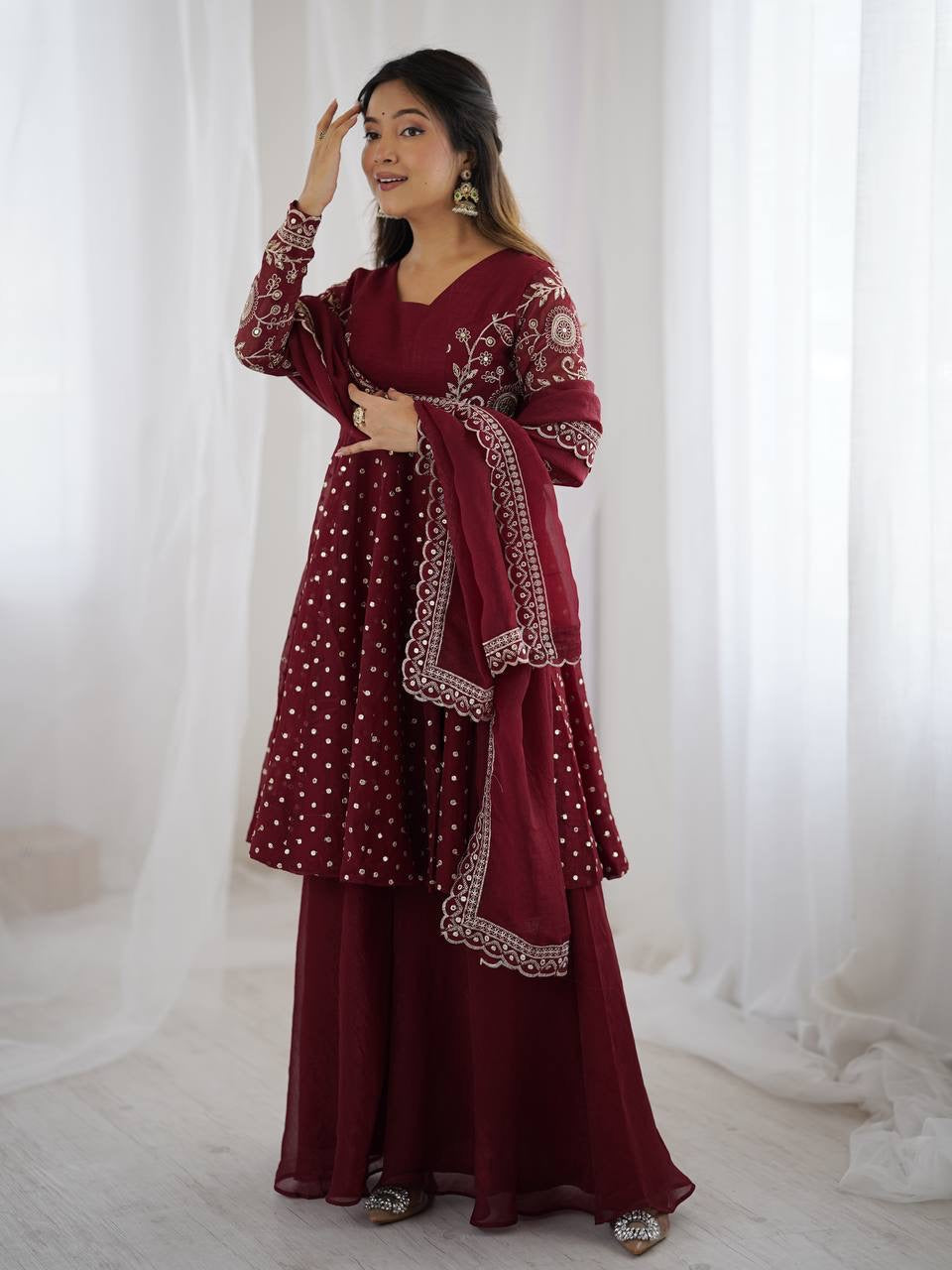 Maroon Color Embroidery plazo set | 3 PCs sets |