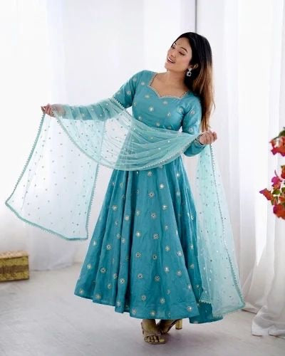 Beautiful Sky Blue Embroidery Anarkali Suit||  3Pcs Sets ||
