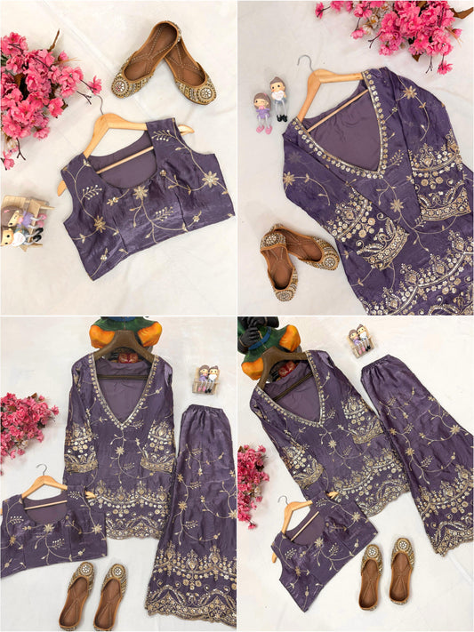 Beautiful Designer Shimmering Purple Silk Co-ord Set | Kurti & Flared Palazzo
