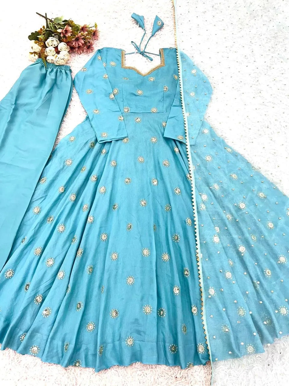 Beautiful Sky Blue Embroidery Anarkali Suit||  3Pcs Sets ||