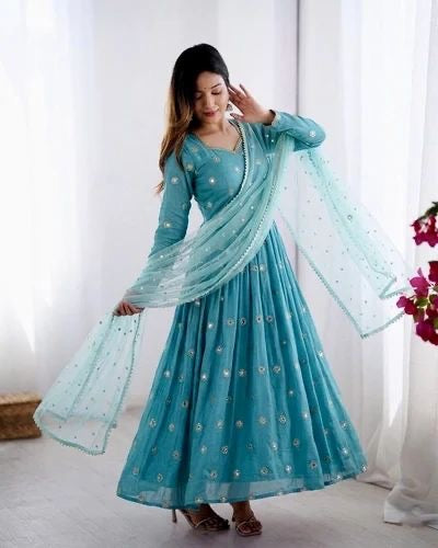 Beautiful Sky Blue Embroidery Anarkali Suit||  3Pcs Sets ||